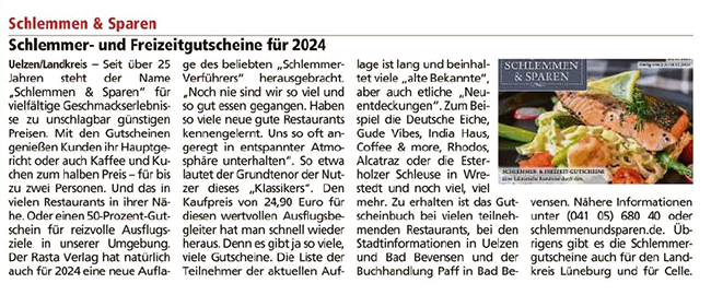Schlemmen & Sparen / Schlemmer- und Freizeitgutscheine für 2024 Schlemmen & Sparen / Schlemmer- und Freizeitgutscheine für 2024